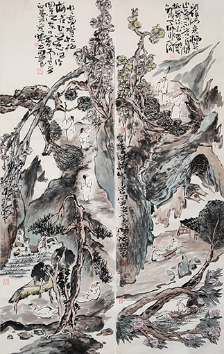 孔晓书作品8《新文人画诗情山水之①观松赏梅 ②别有天地》国画(48ⅹ155cm 2019)